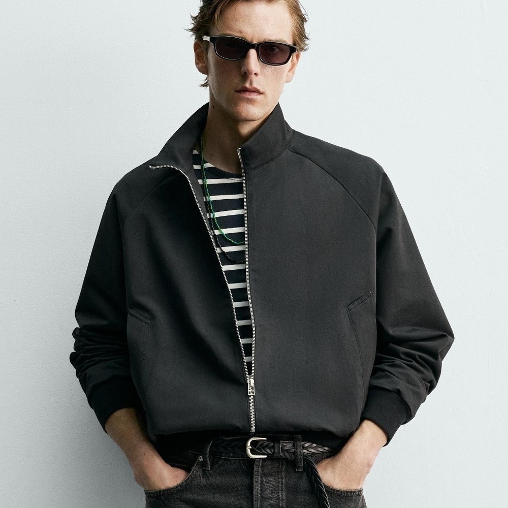 Aaron Levine ZARA Wool Cotton Harrington Full Zip Jacket Men S Black Bi-Swing